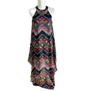 Bailey Blue Print Maxi Dress with Attached Gold Statement Necklace Size Medium